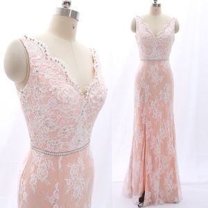 V Neck Lace Sheath Prom Formal Gown Pink Evening Dress